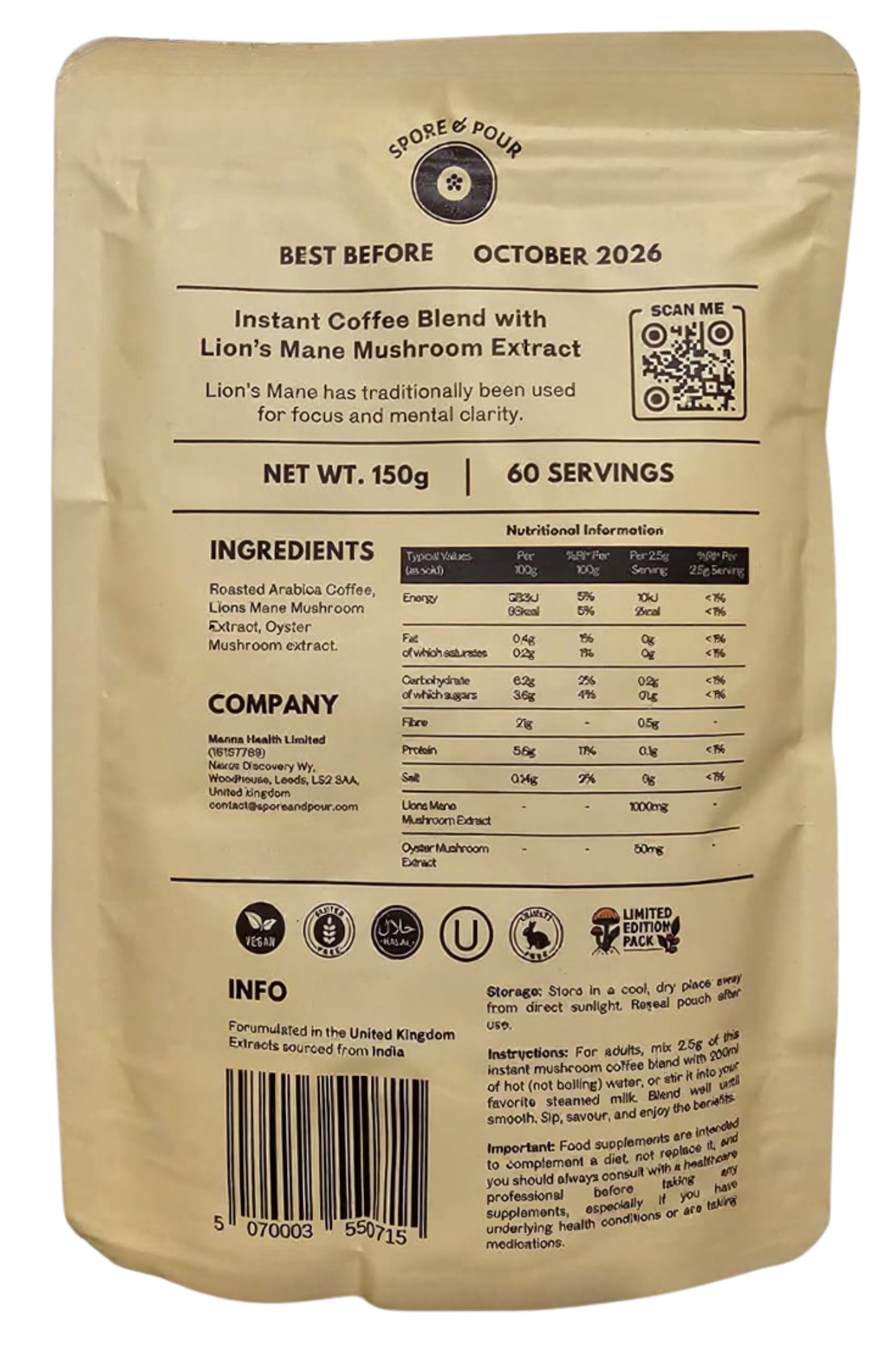 Spore & Pour – Biofortified Mushroom Instant Coffee (Original Roast) – 150g